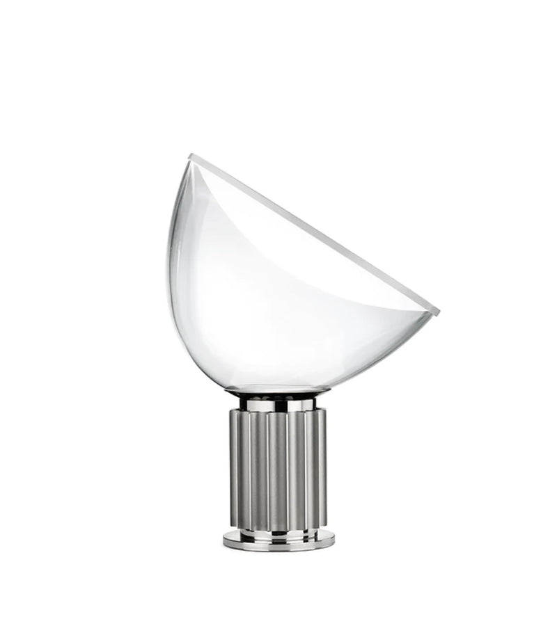 Flos Taccia table lamp. Glass bowl-shaped diffuser and anodized silver base.