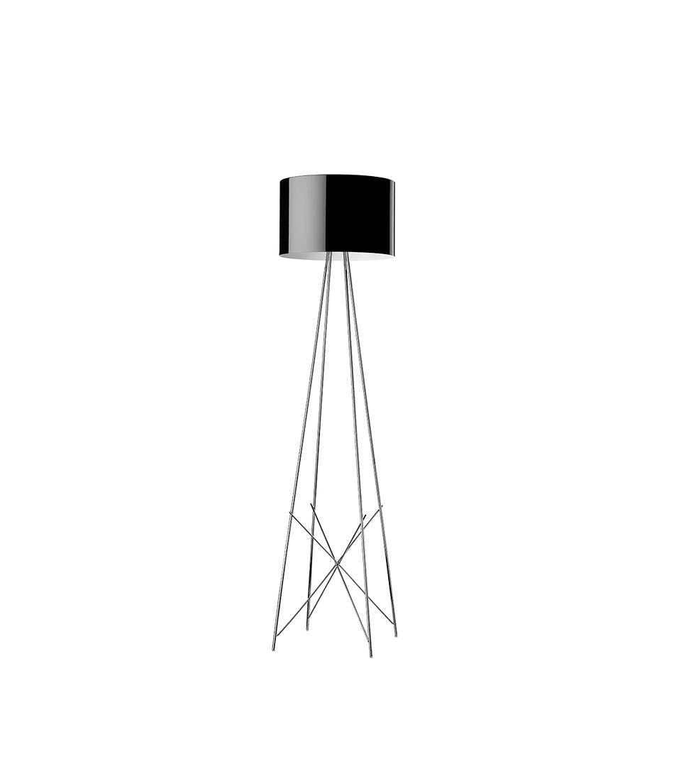 Flos Ray floor lamp. Black glossy lampshade fixed to 4 chrome legs.