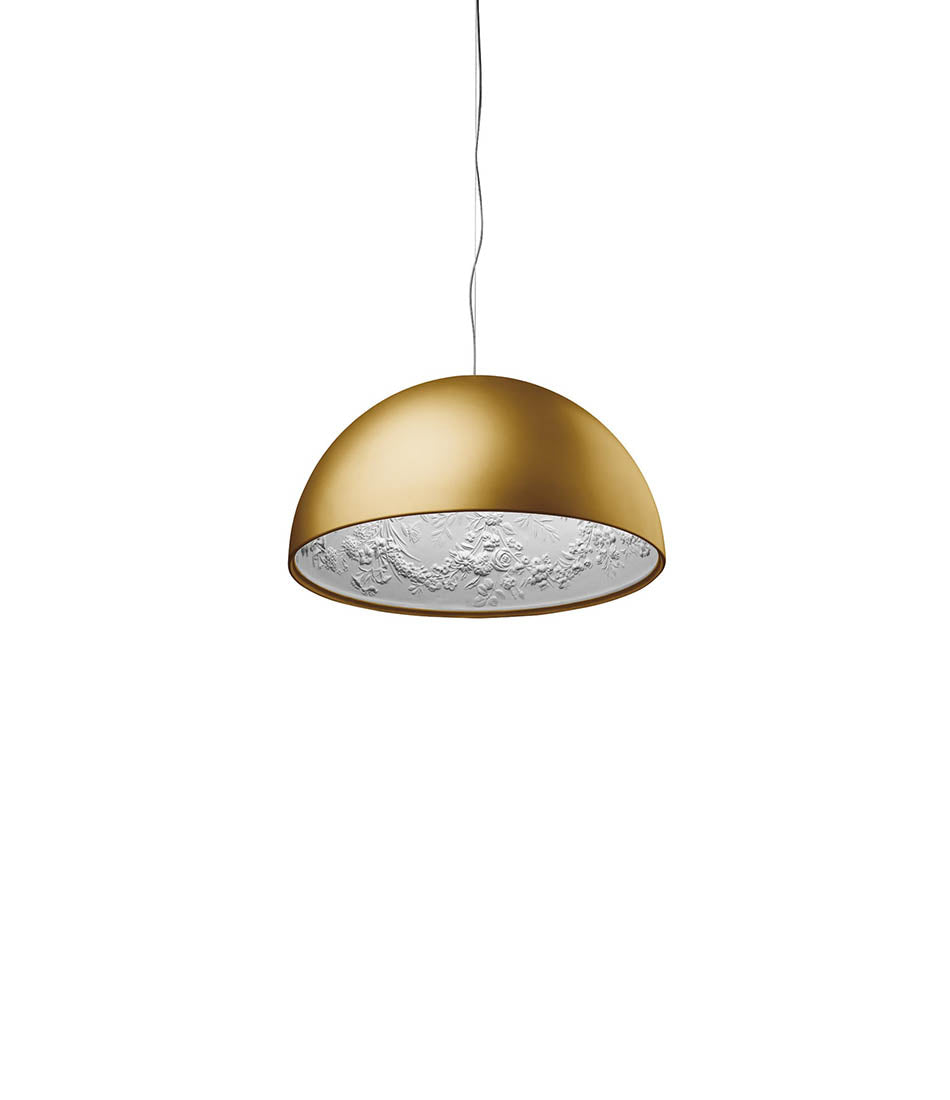 Gold Flos Skygarden suspension lamp, with raised ornate floral patterns on the inside of the bowl shade.