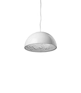 White Flos Skygarden suspension lamp, with raised ornate floral patterns on the inside of the bowl shade.
