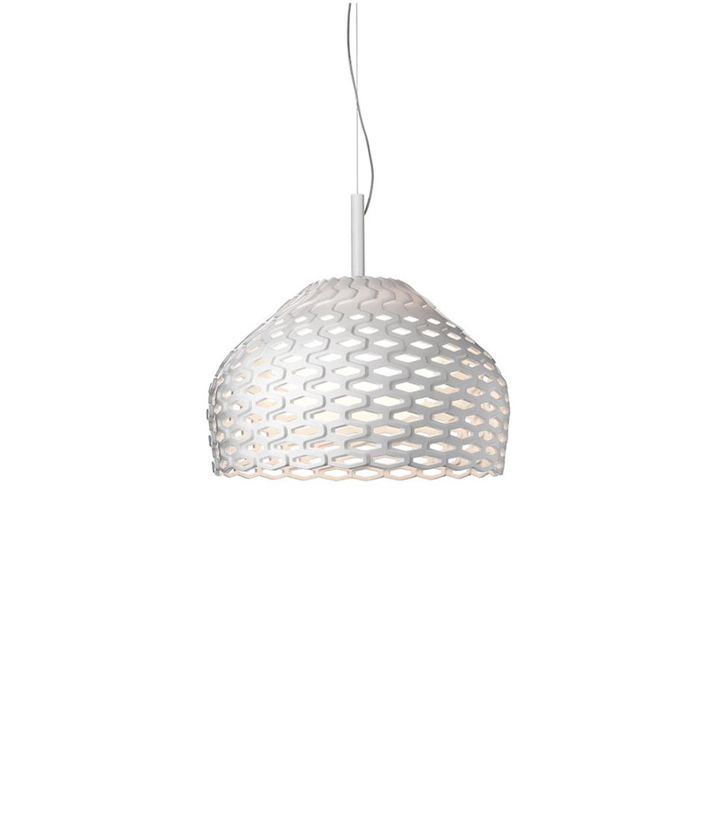 White Flos Tatou suspension lamp, with perforated lampshade.