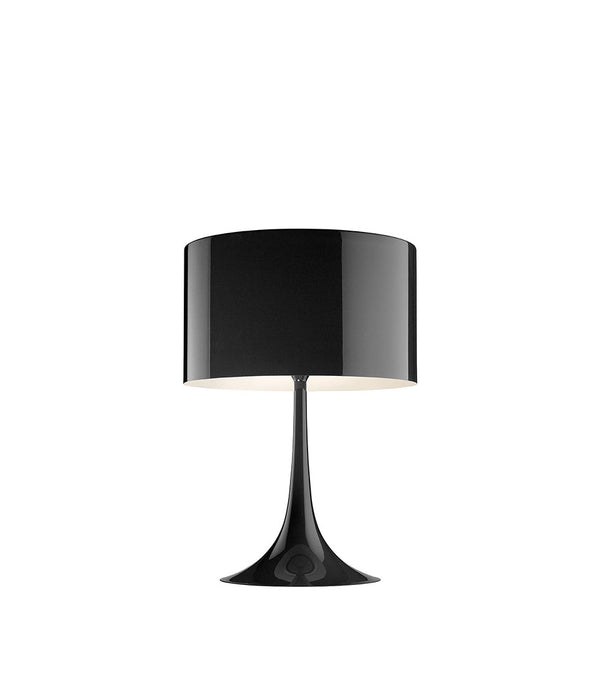 Black Flos Spun table lamp. Tulip-shaped base with large black shade.