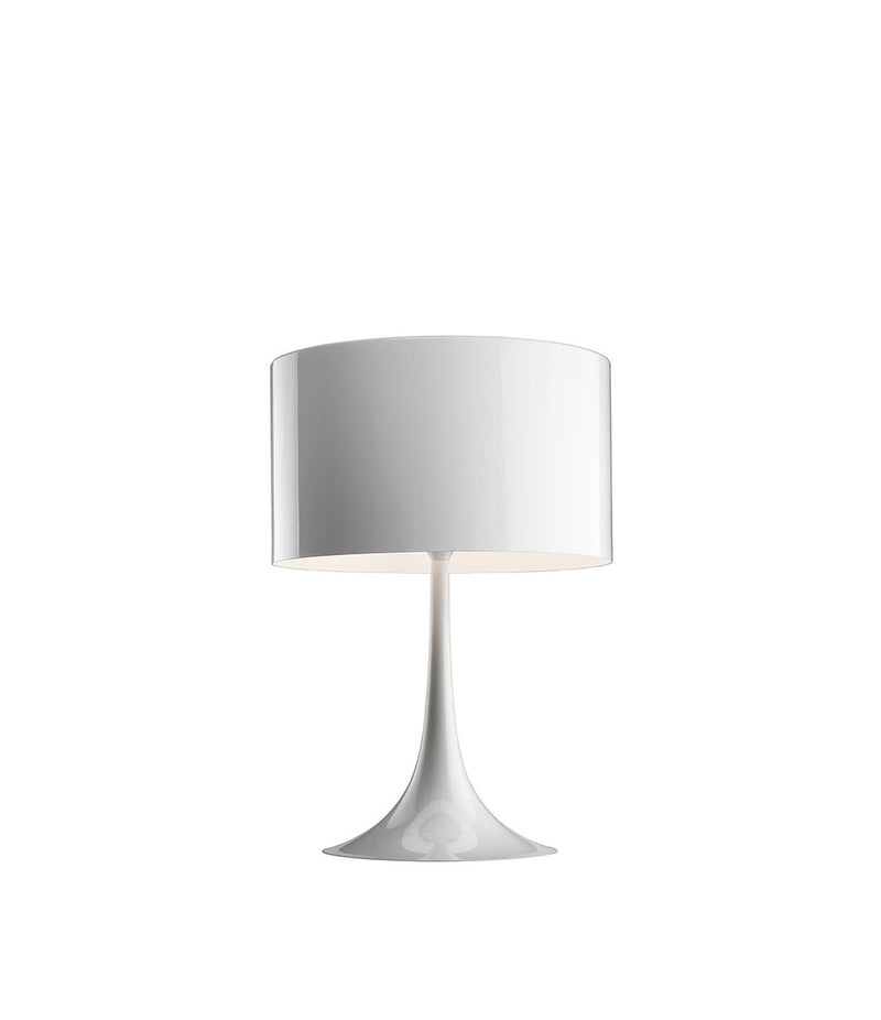 White Flos Spun table lamp. Tulip-shaped base with large white shade.
