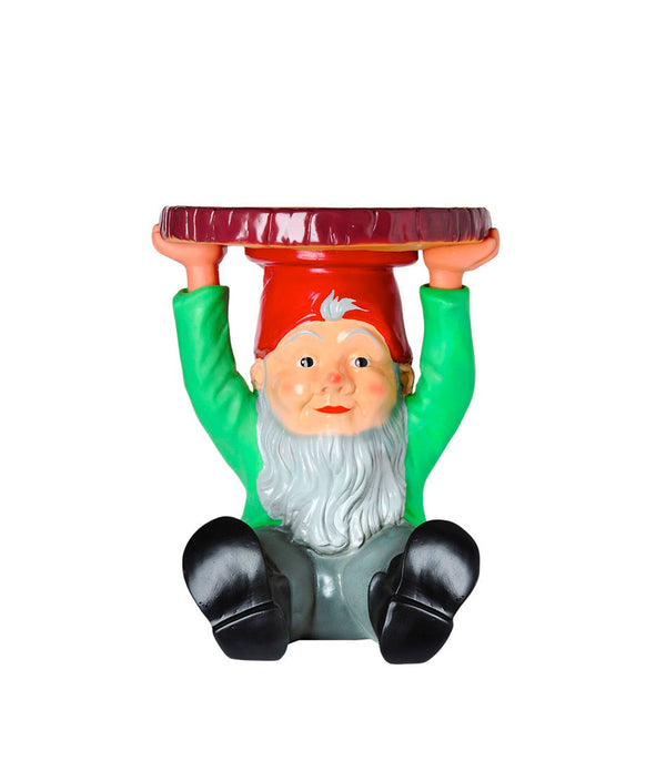 A bearded gnome holding a flat disk over his head to form a platform.