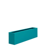 Long, low aluminum planter in a glossy teal finish.